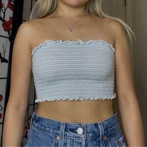 Light Baby Blue & White Striped Shirred Lettuce-Hem Strapless Tube-Top Crop Top